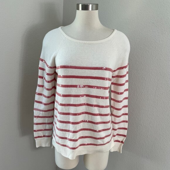 Ann Taylor Womens Medium Sequins Striped Knit Top Sweater Long Sleeve - Picture 1 of 13